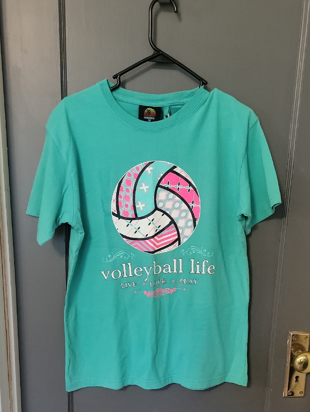 Volleyball Life Graphic Tee in Teal with Pink Accents